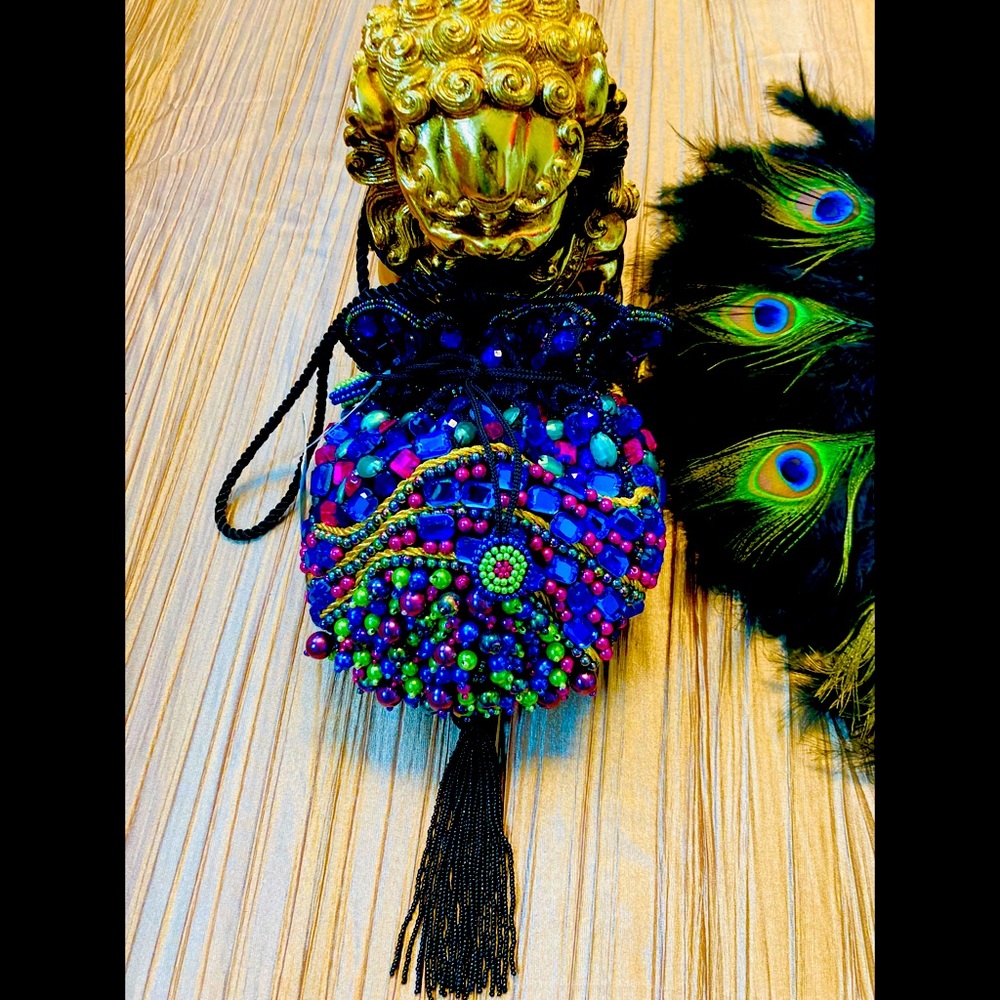 CHICO’S BeJeweled Beaded Colorful Satin Evening Bag